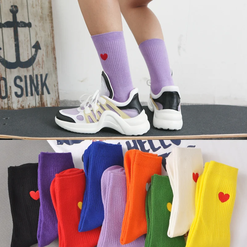 

Embroidery the Love pattern Solid color Gorgeous Women Cotton Heap Socks Korean fashion Purple In Tube Skateboard Couple Sock