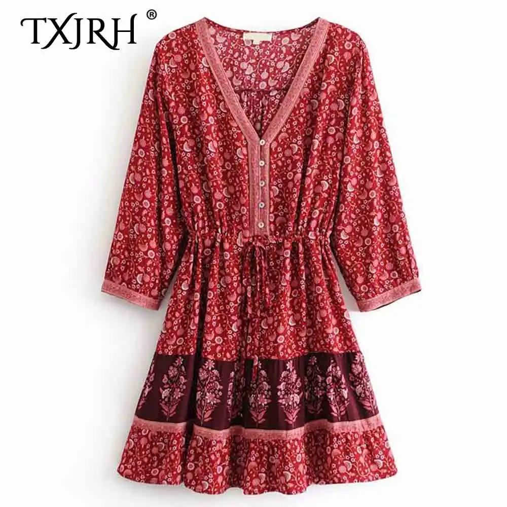 

TXJRH Sexy Bohemia Red Location Floral Front Button Deep V-Neck Drawstring Waist Lacing up Bow Bell 3/4 Sleeve Mini A-Line Dress