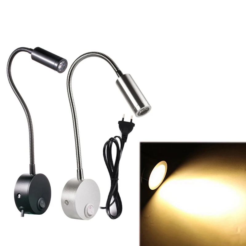 

110V 220V New 3w led flexible hose plug wall lamps bedside reading bending lamp mirror make-up painting lights LED sconces room