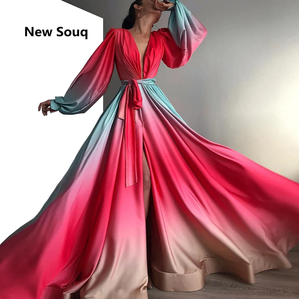 

Colorful Satin A-Line Deep V-neck Side Split Prom Dresses Long Sleeves Sweep Train Long Prom Dress Robe De Soiree Evening Gowns