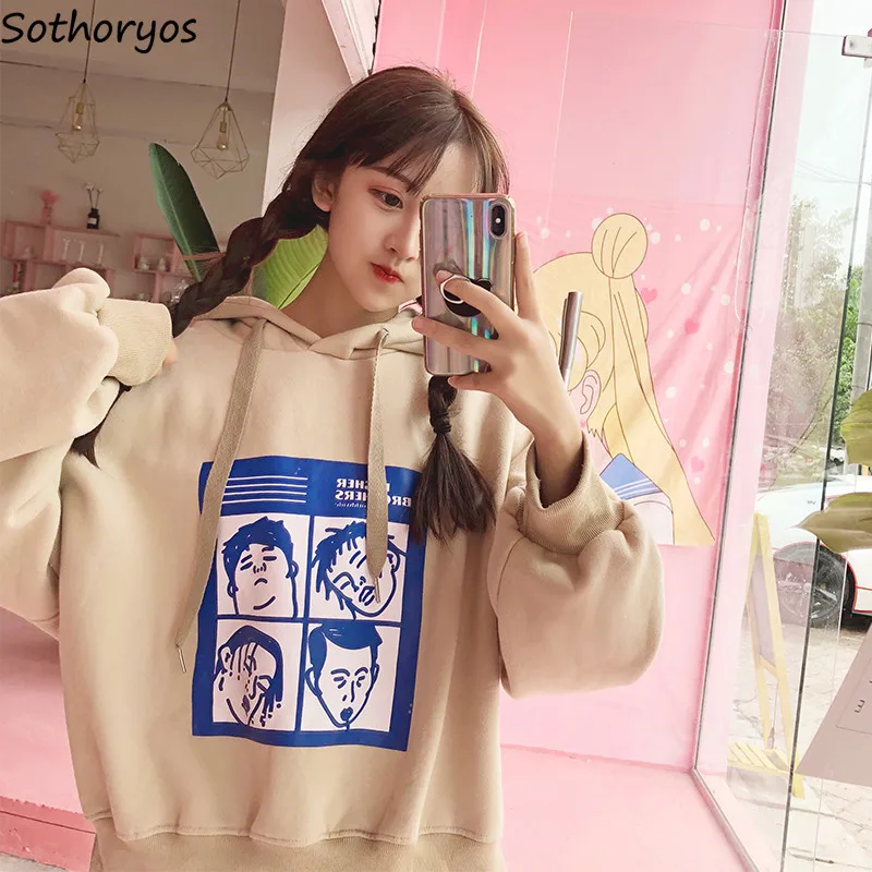 

Hoodies Women Hooded Printed Thicker Plus Velvet Simple All-match Korean Style Pullovers Womens Students Loose Harajuku Trendy