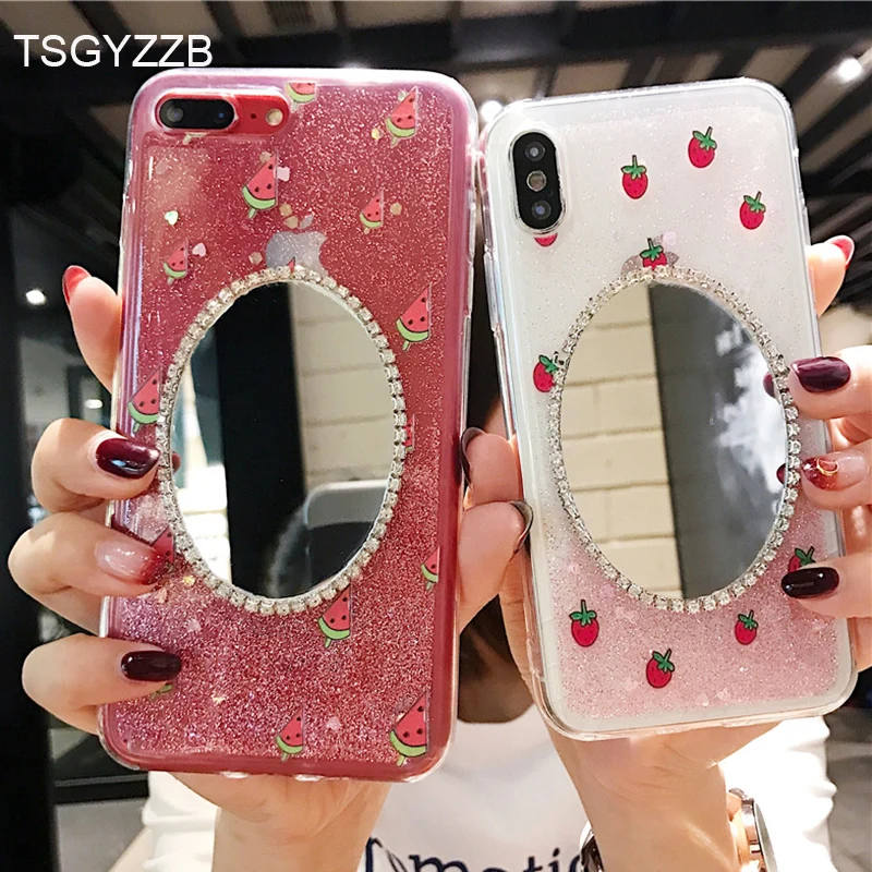 

Bling Glitter Case For iphone 8 Plus 7 6 6S 10 X Phone Back Cover Mirror Clear Soft TPU Silicone Watermelon Strawberry Pattern