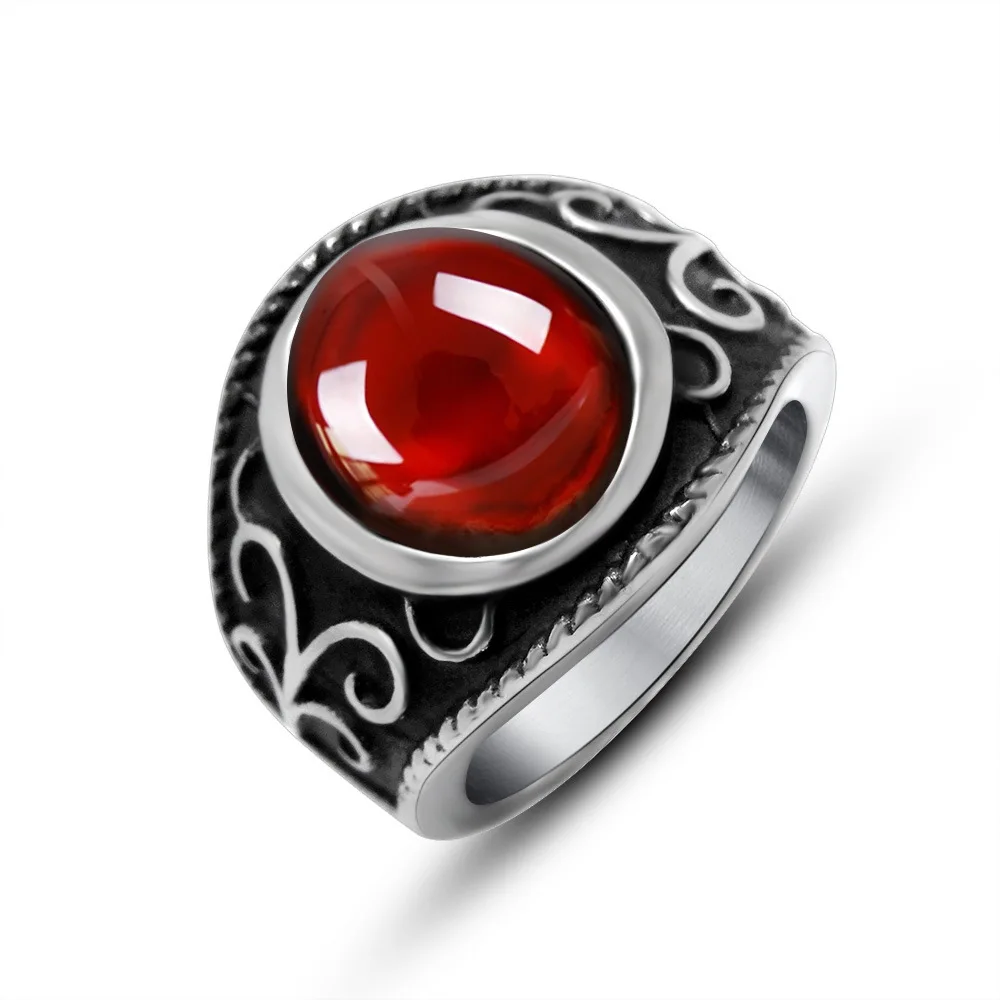 Vintage punk style ring stainless steel silver plated with red stone ...