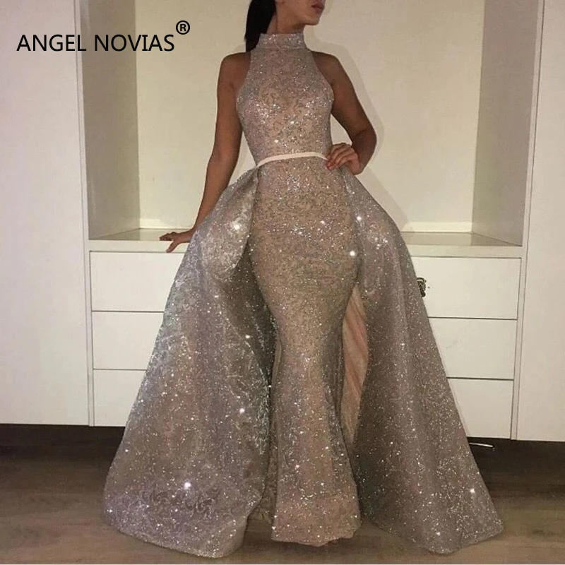 ANGEL NOVIAS Lange Hoge Hals Abendkleider Avondjurk 2018 met Afneembare Rok Glitter Mermaid Glitter Arabisch Avondjurk ANGEL NOVIAS Lange Hoge Hals Abendkleider Avondjurk 2018 met Afneembare Rok Glitter Mermaid Glitter Arabisch Avondjurk