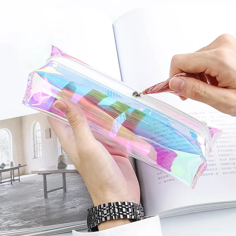 

Cute Color Pencil Case for Girls Kawaii Pvc Pen Bag Stationery Pouch Office School Supplies Zakka Escolar Transparent Glitter