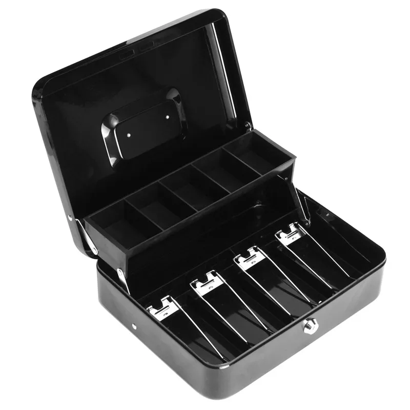 

KiWarm Black Practical Cash Box Money Drawer Key Locking Safe Lock Tiered Tray Storage Keeping Security Home Office Container