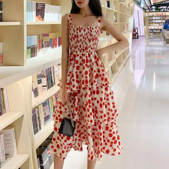 

Korean Fashion Sweet Summer Dress Women Spaghetti Strap Floral Print Long Chiffon Dresses Red,Black Flowers Vestidos