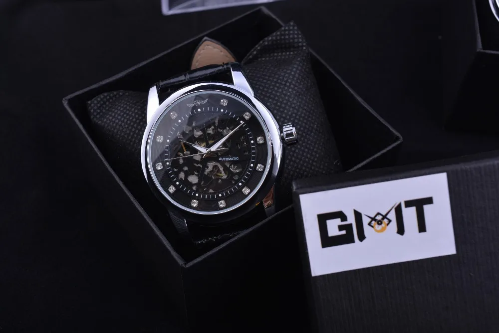 Winner Royal Diamond дизайнерский Серебряный чехол для мужчин Роскошные часы Мужские Бизнес Кожаный ремешок наручные часы для мужчин Скелет автоматические часы