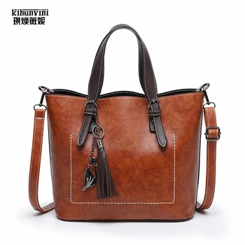 

KIHUN Oil Wax Leather Handbag for Women Vintage Handbags High Quality Messenger Shoulder Bags Ladies Hand Bags Fox Tassel Bolsas