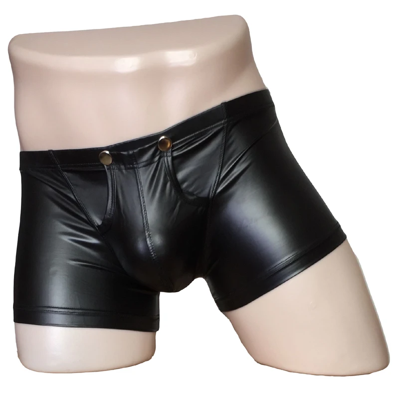 Men Faux Leather Wet Look Boxer Brief Detachable Bulge Pouch Shorts Underwear Lingerie