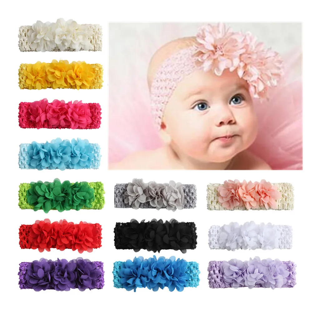 New Kids Elastic Chiffon Three Flower Knitted Turban Headband Ribbon