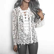 2016 Autumn Long Sleeve Women Blouses Floral Lace Sexy Tops Hollow Out Fashion Ladies Shirts V Neck Bandage Female Clothing