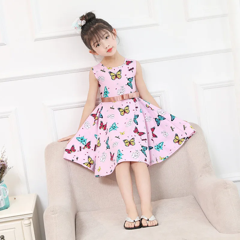 

Summer Butterfly Print Kids Girl Dress Wedding Princess Party Pageant Formal Dress Sleeveless Knee Length Prom Gown Baby Girl