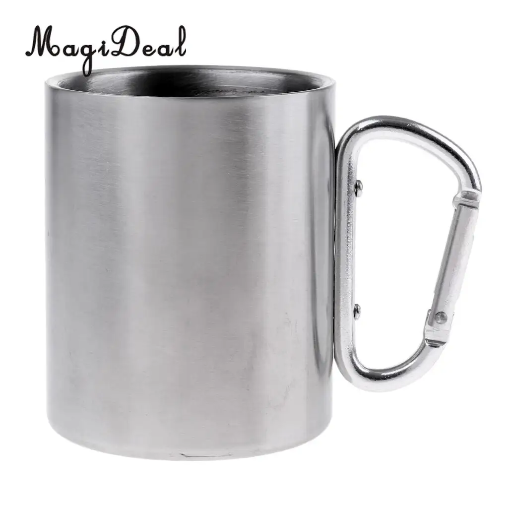 MagiDeal 300ML Stainless Steel Outdoor Camping Cup Coffee Mug with Carabiner Handle for Mountaineering 