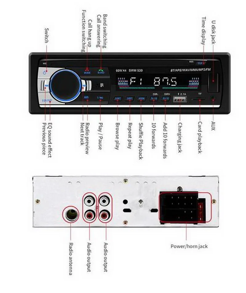 1 Din Bluetooth In Dash 530 Стерео FM DC 12V USB 2.1 Пульт дистанционного управления RCA AUX MP3 Audio Player Поддержка громкой связи
