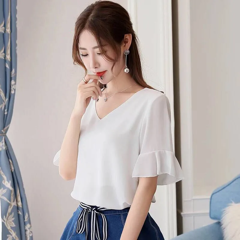 Women Spring Summer Style Chiffon Blouses Shirts Lady Brand Backless V-Neck Flare Sleeve Blousas Tops Feminina DD1625 Blouses