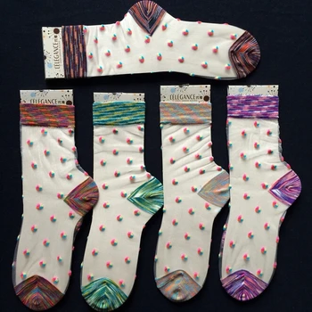 

24pcs=12paNEW women girl sexy beautiful cool crystal glass silk cartoon Color Focus dot Jacquard summer summer socks 12pair
