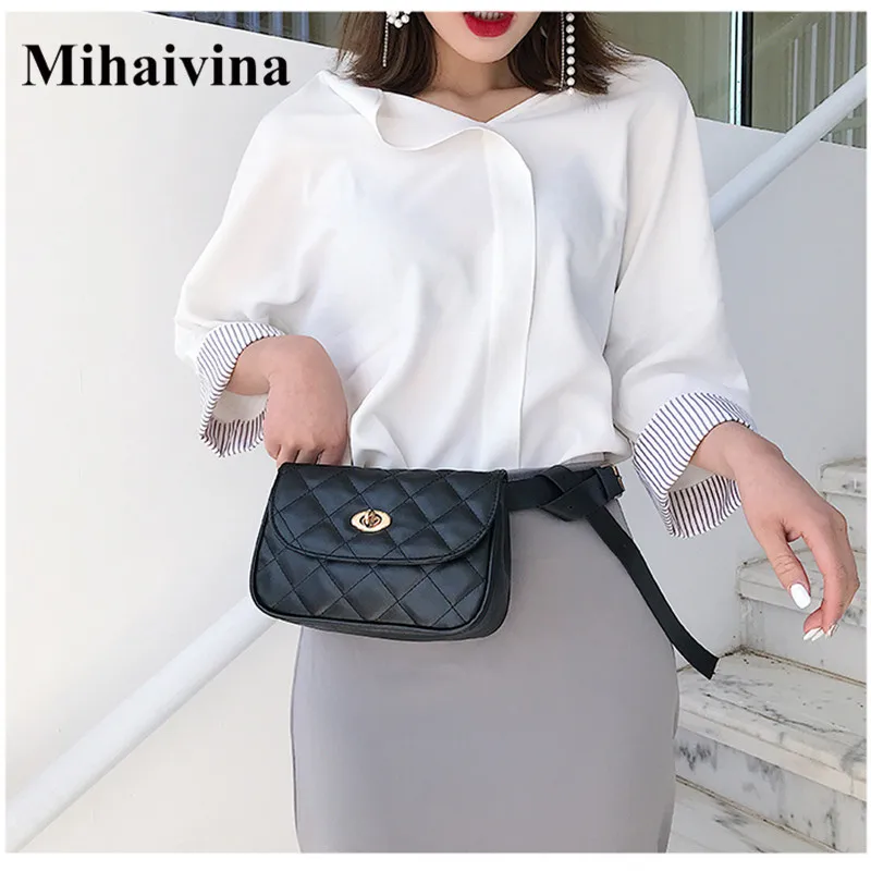 

Mihaivina Leather Waist Bag Women Fanny Pack Luxury Belt Bags 2019 Lattice Waist Pack Bag Black Fanny Pack For Women Bum Bag
