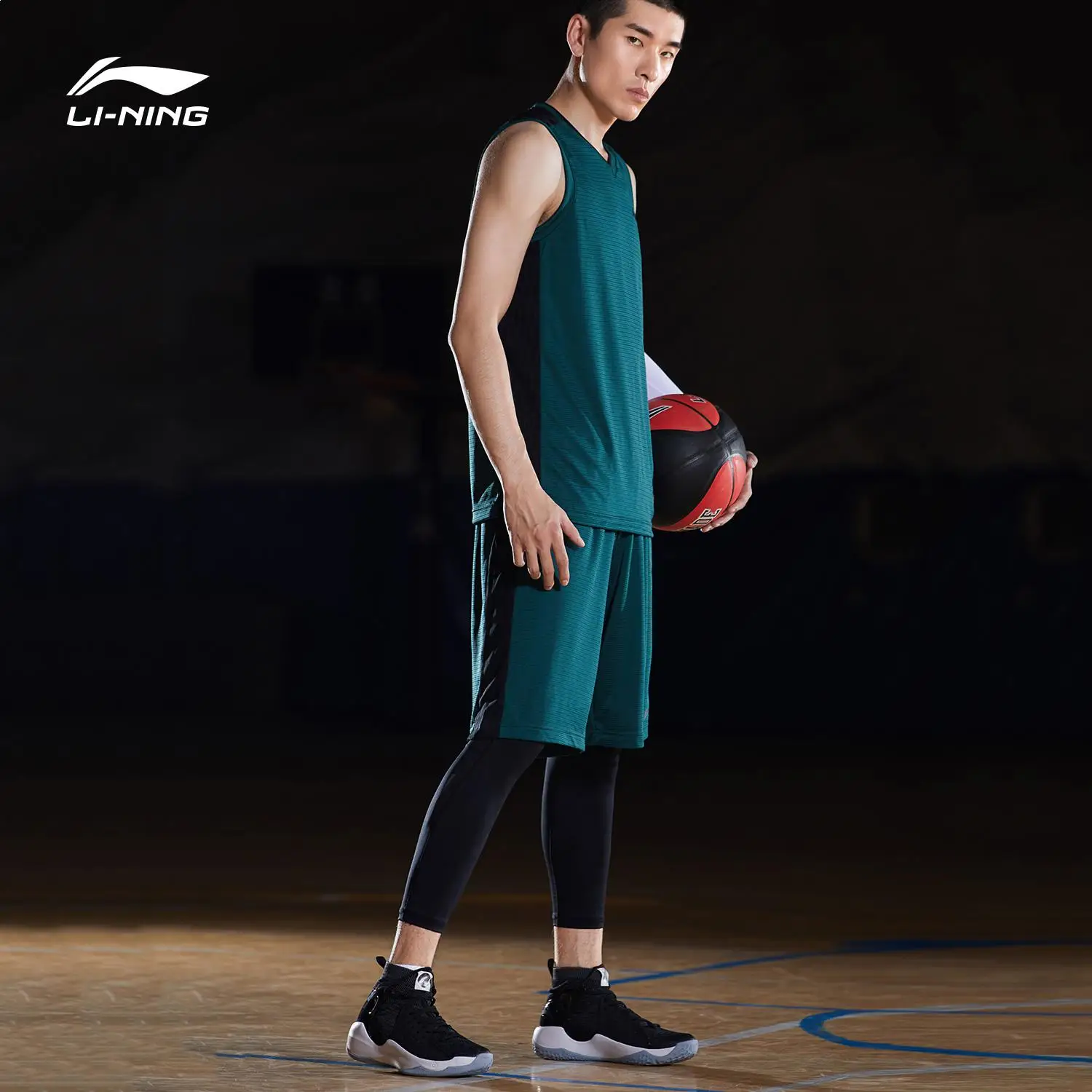 Li-Ning, мужские баскетбольные костюмы для соревнований, 2 штуки, полиэстер, дышащий жилет+ шорты, подкладка, спортивные комплекты, AATP001 CJFM19 - Цвет: Зеленый