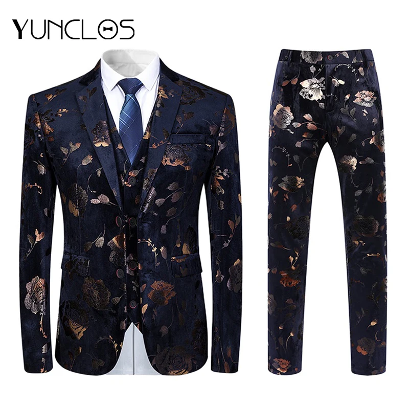 YUNCLOS плед печатных 3 шт. мужской костюм шаль воротник Slim Fit роскошные свадебные костюмы для мужчин 2019 мужские костюмы с брюками