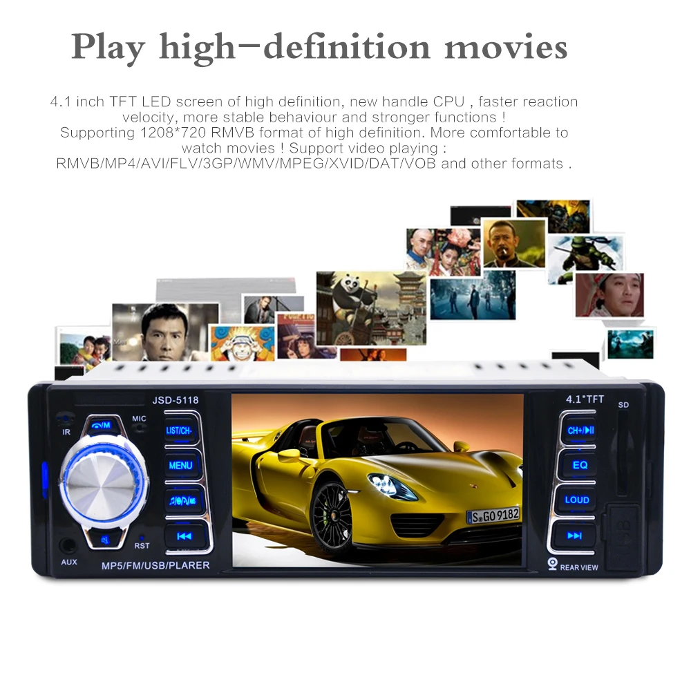 

1 Din 4.1 Inch 50W x 4CH HD Car Stereo Radio Bluetooth MP3 MP5 Player Support USB / FM / TF / AUX with Rearview Camera
