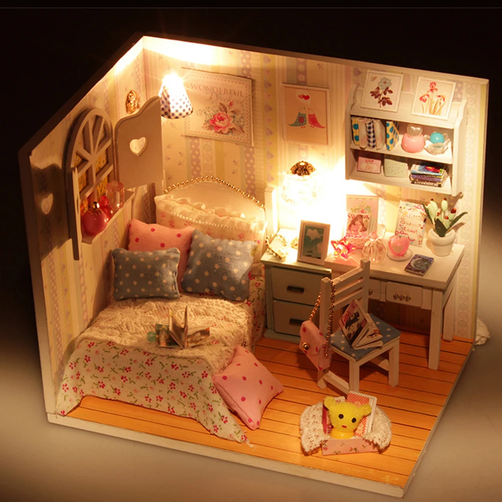 DIY Wooden Miniature Dollhouse Bedroom Doll House Furniture with LED Cover Girls Toys for Children Handmade toys Birthday Gifts