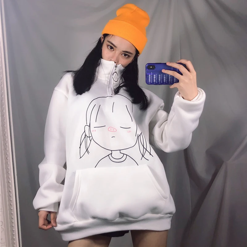 

YouGeMan Harajuku Fashion Sweatshirt Hoodie Woman 2018 Korean Ulzzang Thicken Velvet Zipper Sweatshirts Female Pullover Hoodies