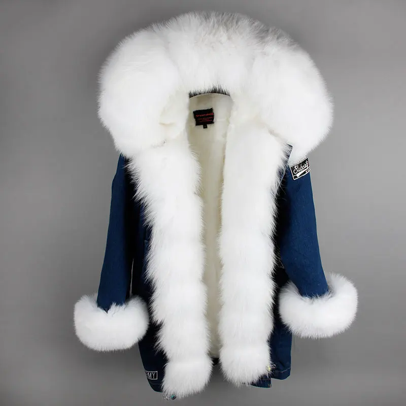 Парка женская зимняя из натурального меха лисы|denim parka|winter jacket womenfur parka |