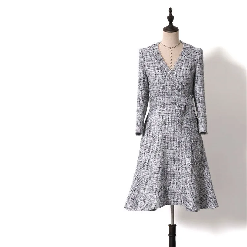 Роскошное платье ручной работы для женщин, модное твидовое Платье До Колена с v-образным вырезом и пуговицами - Цвет: Серый