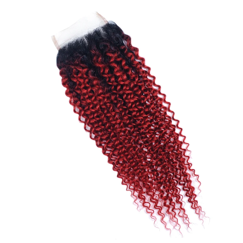 Малазийские кудрявые вьющиеся волосы бордовые пучки с закрытием Омбре T1B красные 3 пучка с закрытием человеческие пряди волос на сетке не