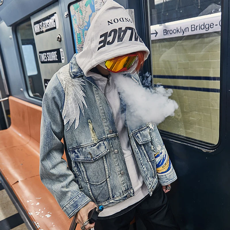 

US Size Crane Embroidery Jeans Men Blue Jeans Coat Denim Jacket Orersize Loose Coats Vintage Hip Hop Fashion Jacket DG89