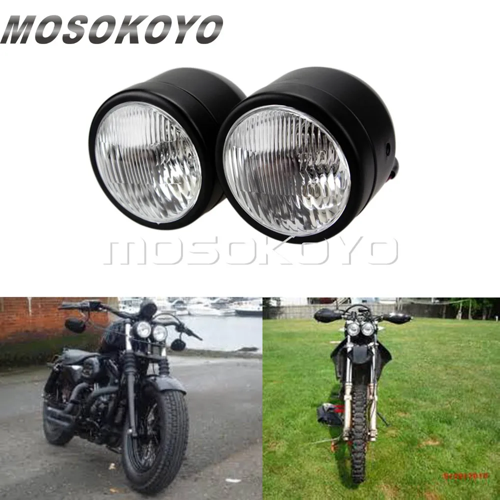 Twin Headlight Bike Head Light Doom Black/Chrome Motorcycle Retro