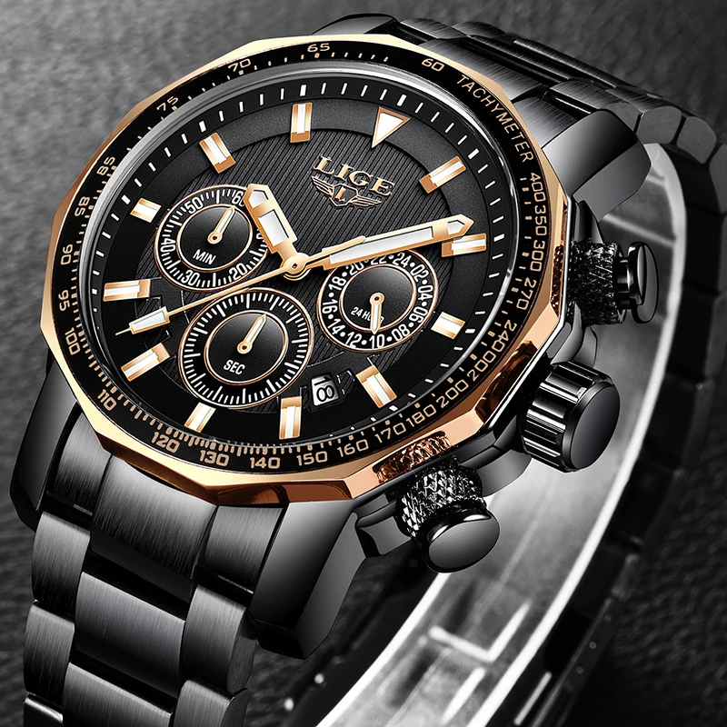 

LIGE Mens Watches Top Brand Luxury Chronograph Full Steel Large Dial Quartz Watch Men Waterproof Sport Watch Relogio Masculino
