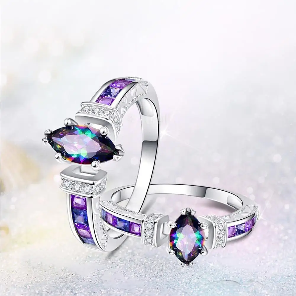 Vintage Luxury Fashion Oval Purple Zircon Rainbow Ring Crystal Wedding Engagement Jewelry CZ Rings | Украшения и аксессуары