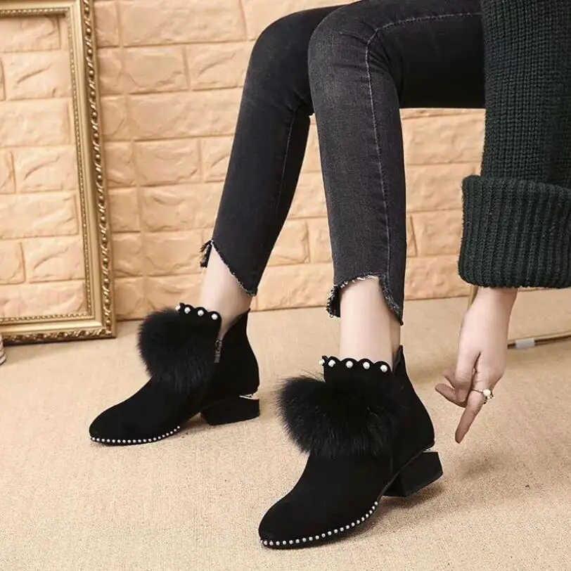 

Women New winter Warm High-heeled fur Fashionable Casual boots female pearls beading decor side zipper close pure color boots