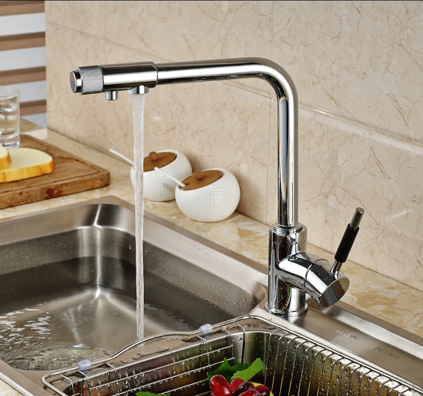 Polished Chrome Dual Spout Kitchen Sink Faucet Pure Water Mixer Taps Single Handle Deck Mount