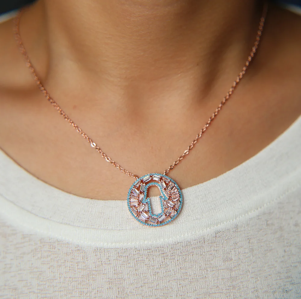 Good Luck Protection Hamsa Fatima Hand Evil Eye Pendant Chain Necklace roes gold color with CZ NICE hamsa hand necklace