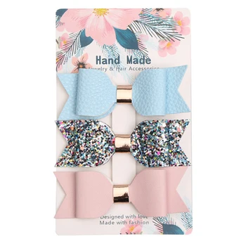 

3pcs Artificial Leather DIY Fashion Kids Accessories Bowknot Shape Gift Party Decoration Glitter Hair Clip Cute Styling Tools