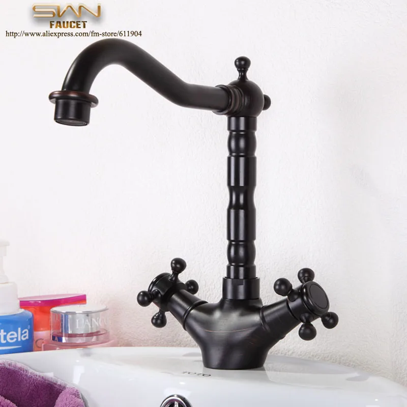

Oil Rubbed Bronze ORB Black Dual Cross Handle Bathroom Faucet Vessel Basin Mixer Tap Swivel Spout 21A0113