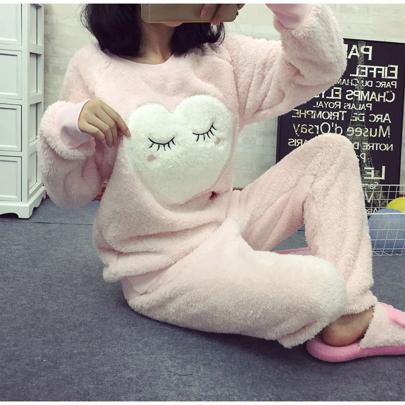 Two Piece Plus Size Winter Sleepwear Women Pajamas Nightgown Big Size Letter Kawaii Home Warm Clothes Female Nightdress