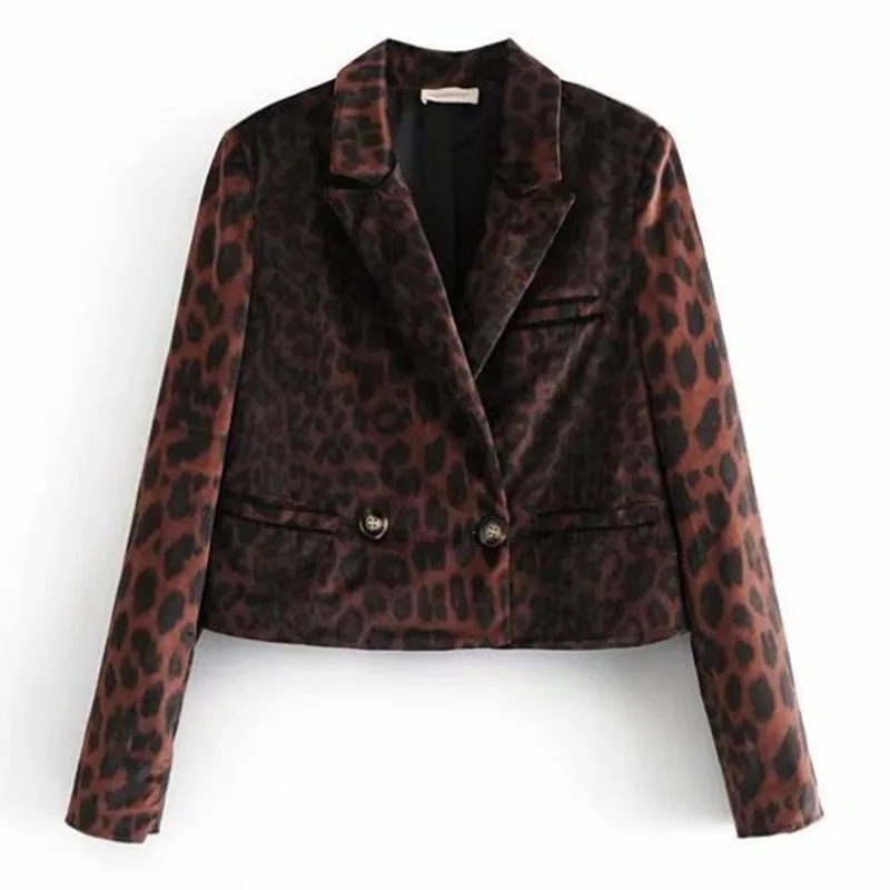 2019 Women Spring Notched Collar Animal Leopard Pattern Velour Blazer Vintage Long Sleeve Velvet Suit Jacket Coat