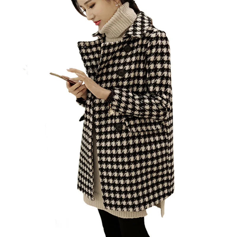 

2019 Fashion Women Woolen Coat Warm Thicker Coats Houndstooth Wool Coat Vintage Black and White Loose Retro Plaid Female