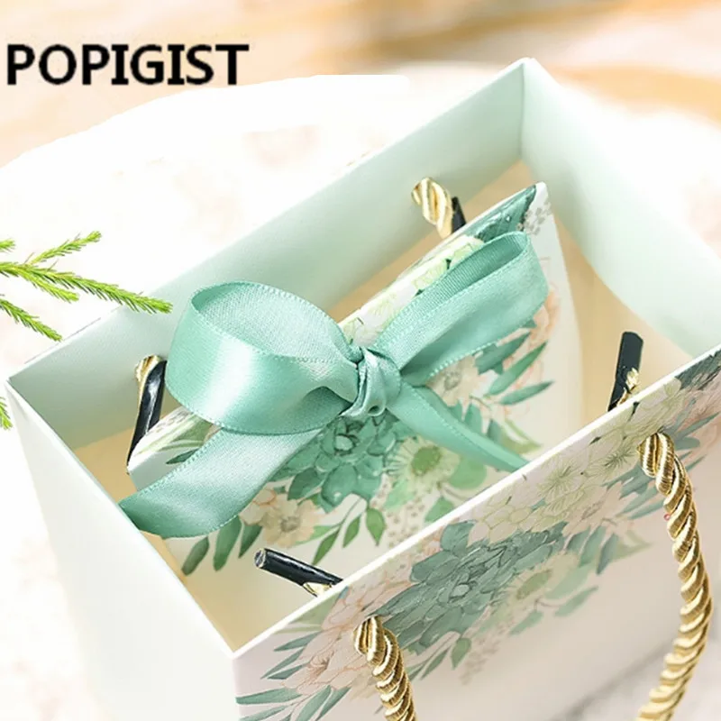 30 шт Зеленый цветочный принт коробка конфет упаковка подарочные пакеты сумка с ручками упаковка для ювелирных изделий Рождественский подарок пакеты
