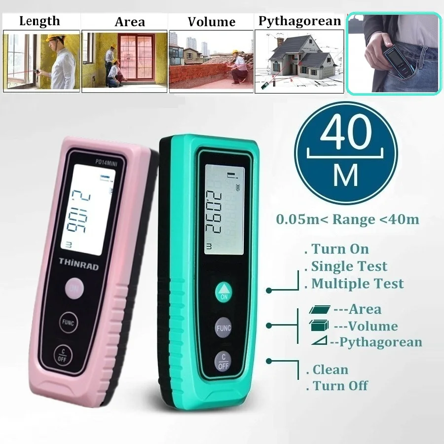 

XDR-40M Mini Pocktet Laser Distance Meter for Women Rangefinder Trena Laser Tape Range Finder Length Area Volume Measurement