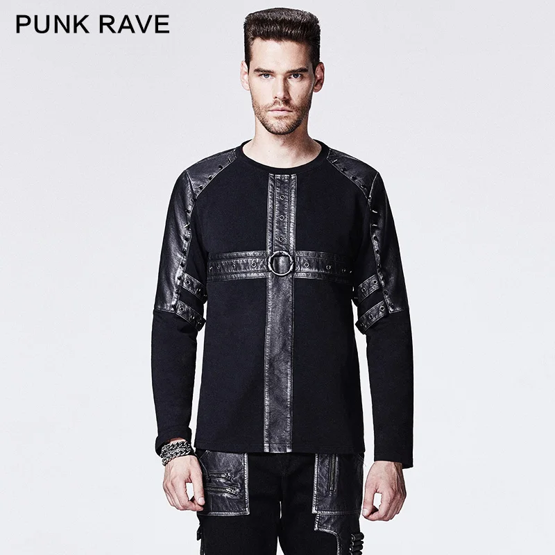 Punk Rave Hot Sale Black Gothic Rivet Studded Long Sleeves Shirts100 Cotton Man font b Shirts