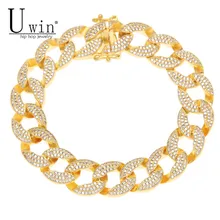 UWIN 15 мм мужской толстый тяжелый циркониевый браслет с кубинским звеном, золотой браслет, медный материал, лаборатория CZ, застежка, цепочка, браслет 8"