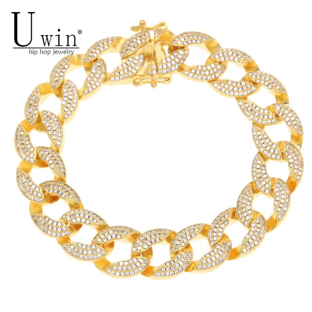 Uwin 15mm Mens Iced Out Thick Heavy Zircon Miami Cuban Link Bracelet Uwin 15mm Mens Iced Out Thick Heavy Zircon Miami Cuban Link Bracelet Gold Charm Copper Material