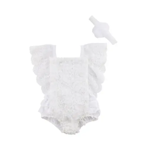 

Lace Baby Girl Ruffle Bodysuit Solid Color Floral Princess Jumpsuit Summer Backless Clothes Short Swing Mesh Sleeve Bodysuit
