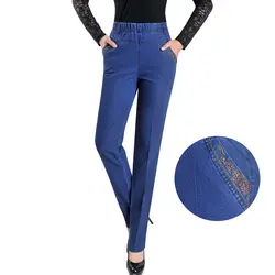 2019 новый тонкий высокая талия женские облегающие джинсы среднего возраста мать Винтаж Вышивка прямые брюки женские джинсы плюс размер LU813