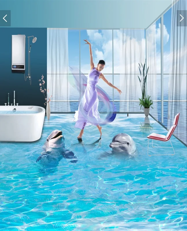 

3 d pvc flooring custom wall sticker A pair of ocean dolphins 3d bathroom flooring painting photo 3d wall murals wallpaper